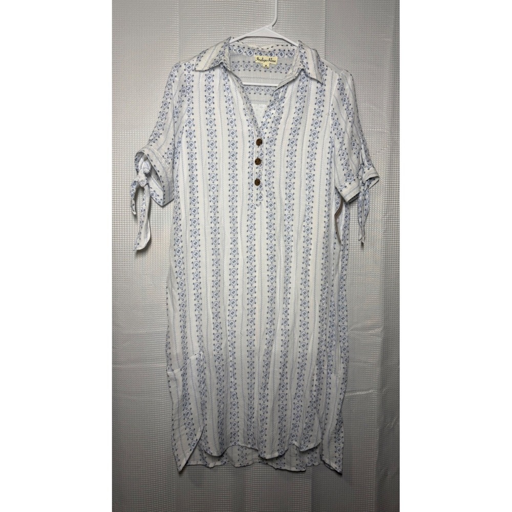 Indigo Rose Geometric Stripe Shirt Dress Women's S‎ Blue White Tie Sleeve Tunic